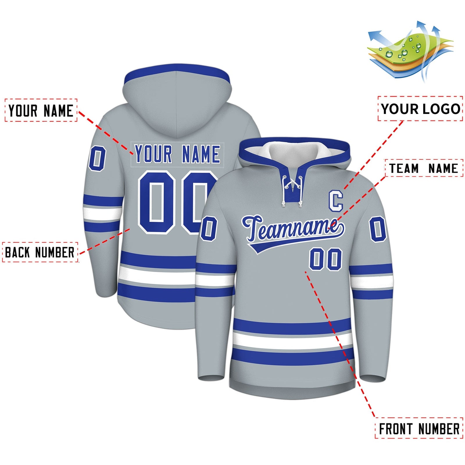 Custom Hockey Hoodie Jersey Silver Royal Blue Classic Style Add Name,Number & Logo