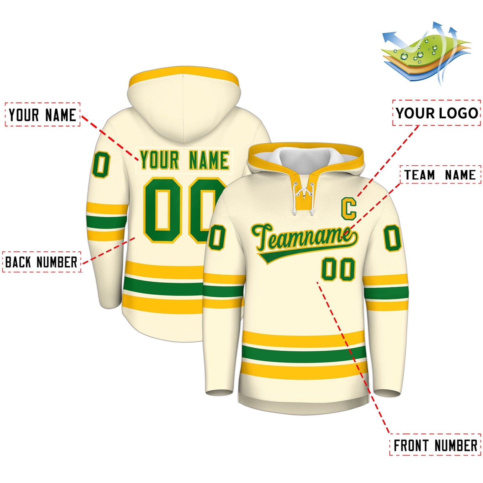 Custom Hockey Hoodie Jersey Cream Kelly Green Classic Style Add Name,Number & Logo