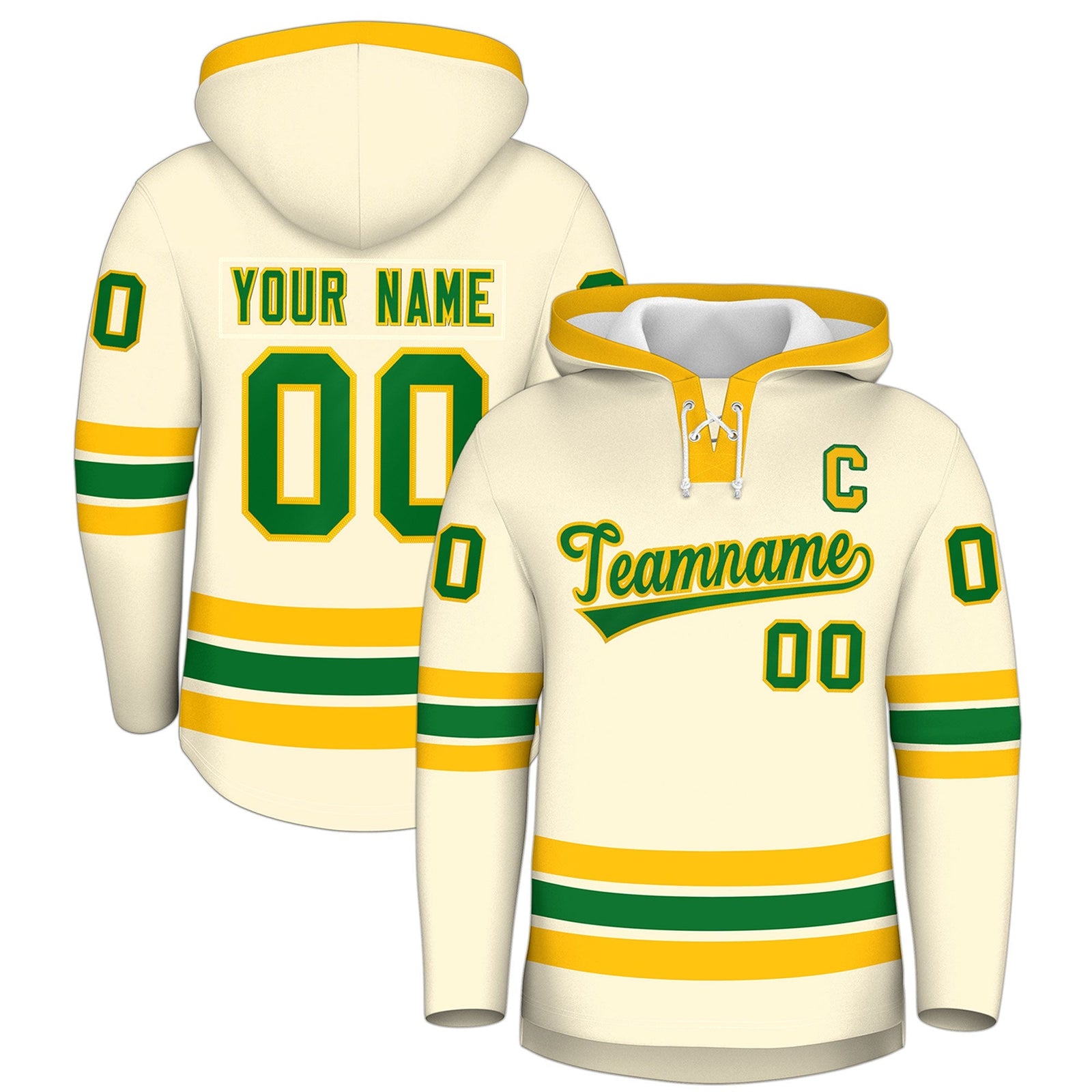 Custom Hockey Hoodie Jersey Cream Kelly Green Classic Style Add Name,Number & Logo