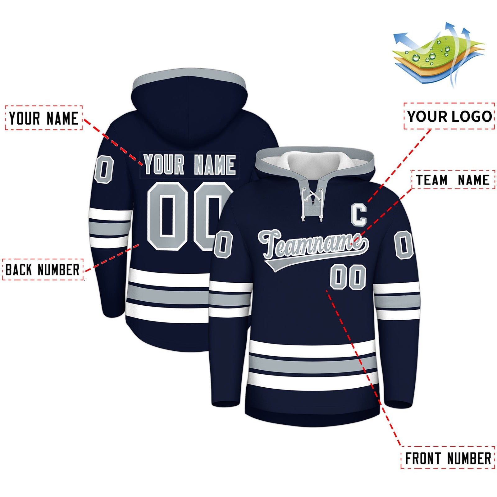 Custom Hockey Hoodie Jersey Navy Silver Classic Style Add Name,Number & Logo