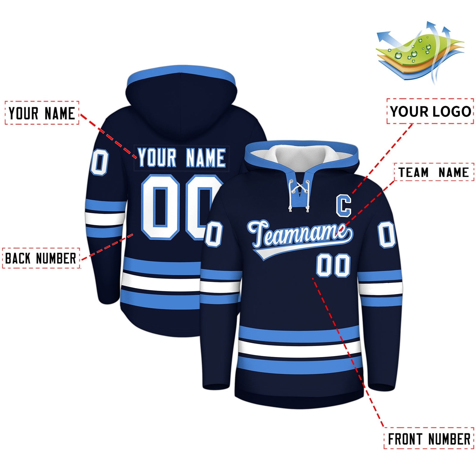 Custom Hockey Hoodie Jersey Navy Powder Blue Classic Style for Men&Youth