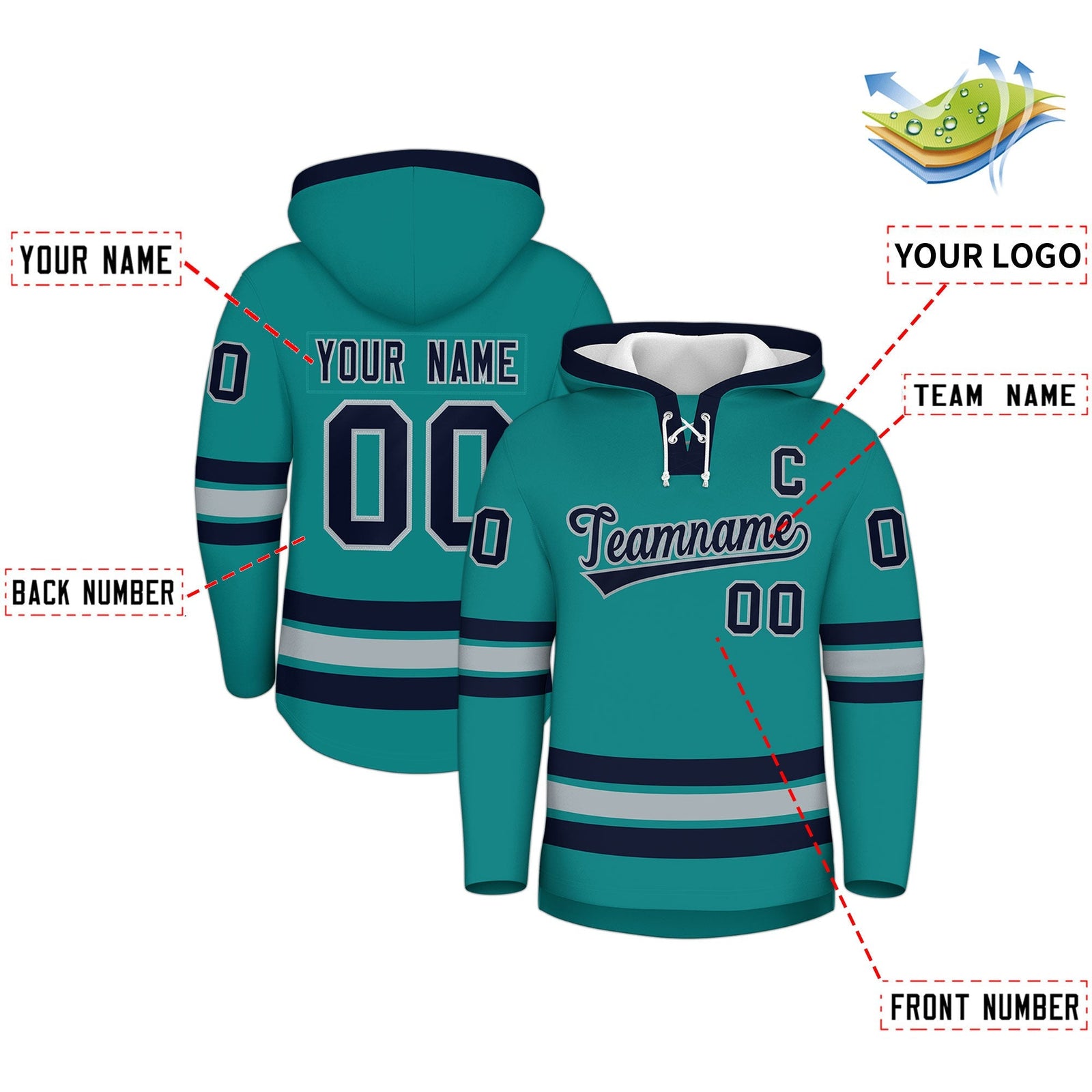 Custom Hockey Hoodie Jersey Teal Navy Classic Style Add Name,Number & Logo