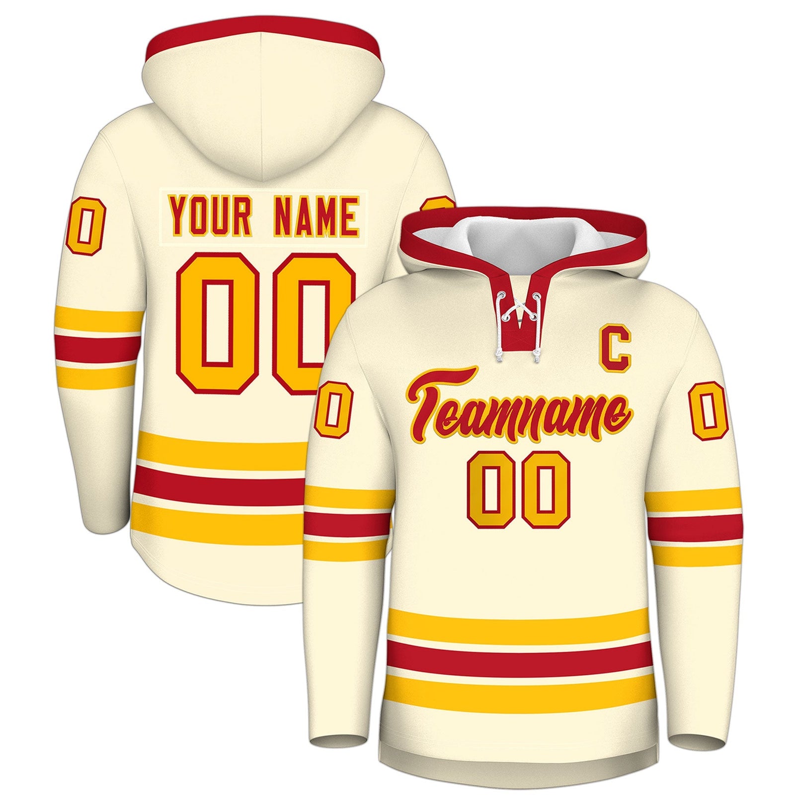Custom Hockey Hoodie Jersey Cream Red Classic Style Add Name,Number & Logo