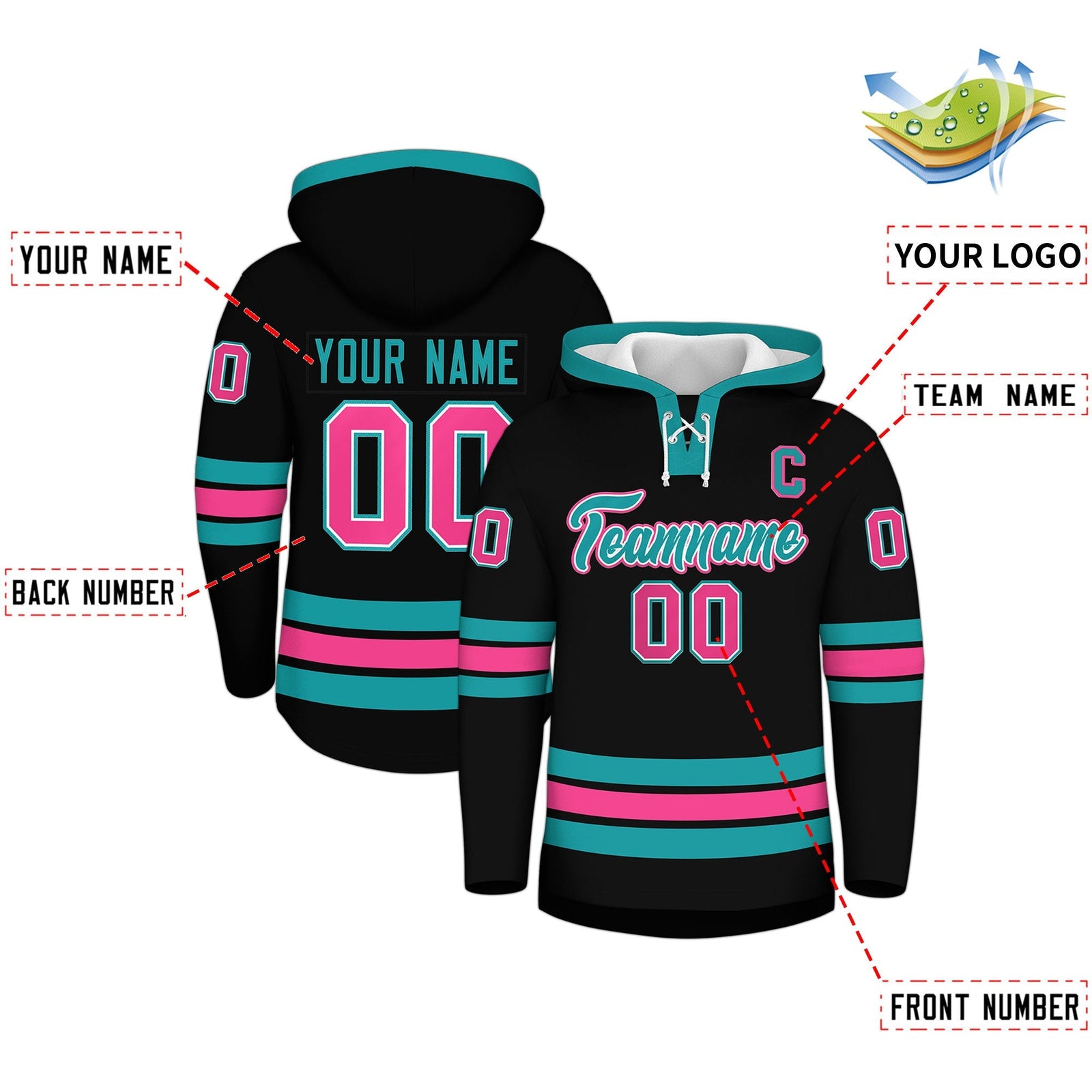Custom Hockey Hoodie Jersey Black Aqua Classic Style Add Name,Number & Logo