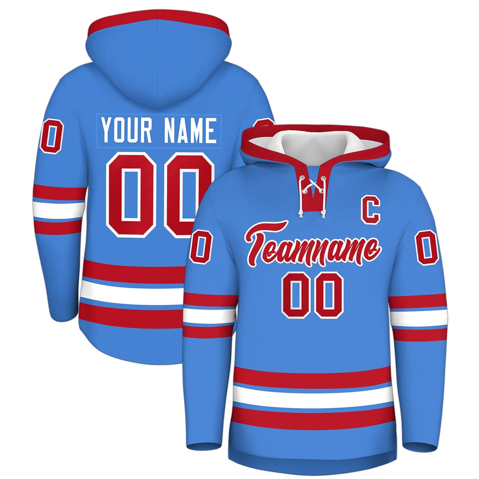 Custom Hockey Hoodie Jersey Powder Blue Red Classic Style for Men&Youth