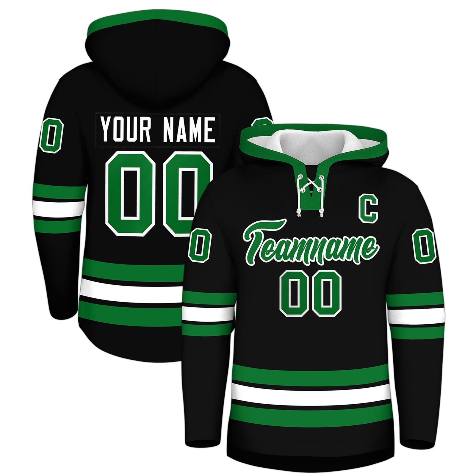 Custom Hockey Hoodie Jersey Black Kelly Green Classic Style for Men&Youth