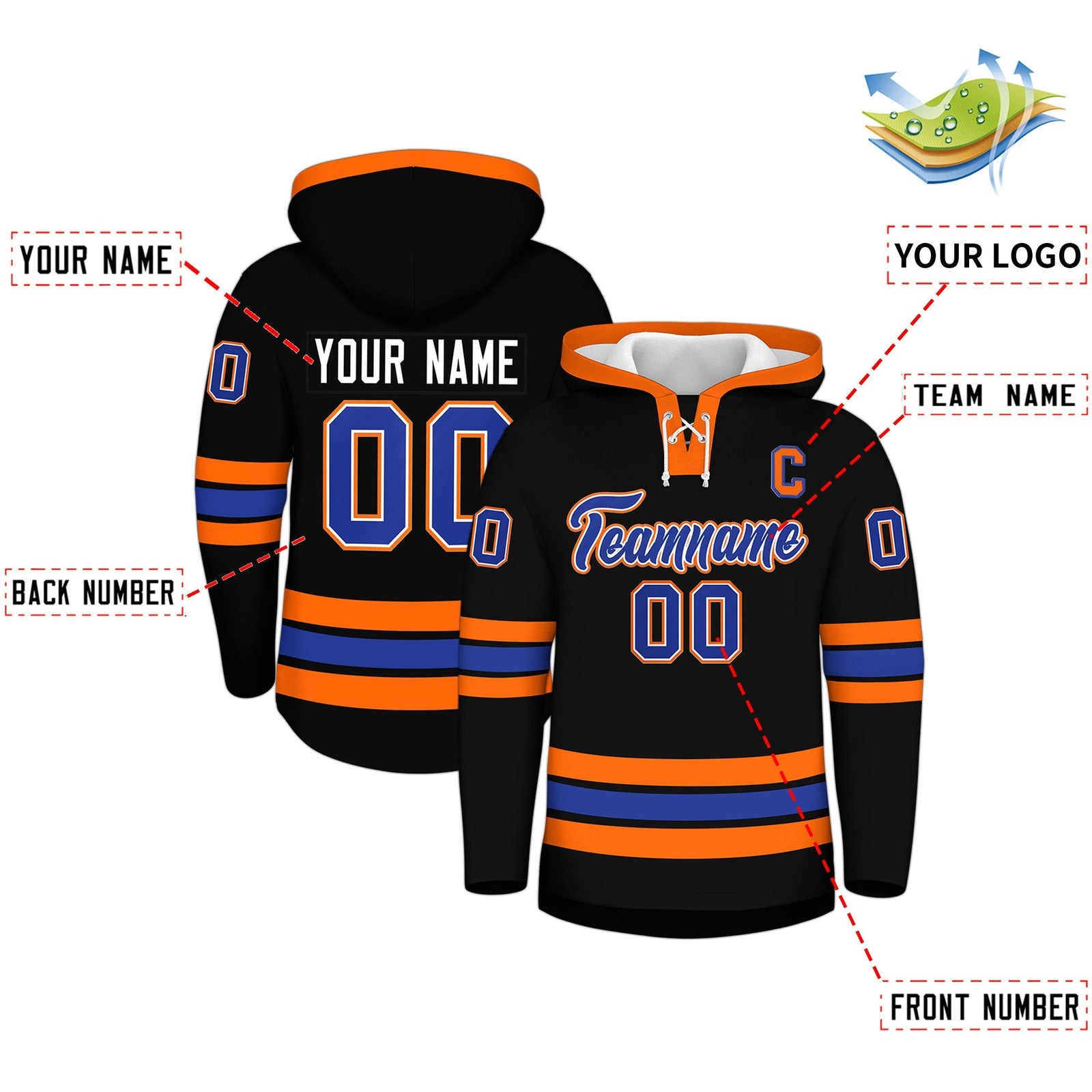 Custom Hockey Hoodie Jersey Black Orange Classic Style for Men&Youth