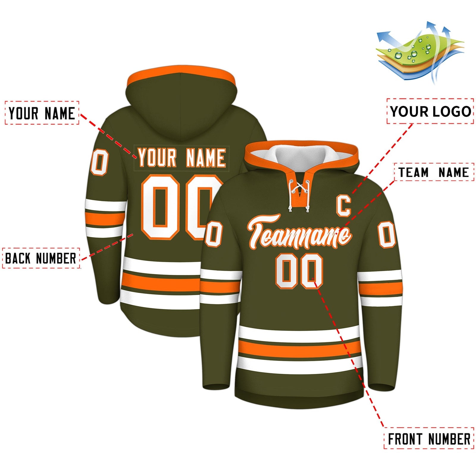 Custom Hockey Hoodie Jersey Olive Orange Classic Style for Men&Youth