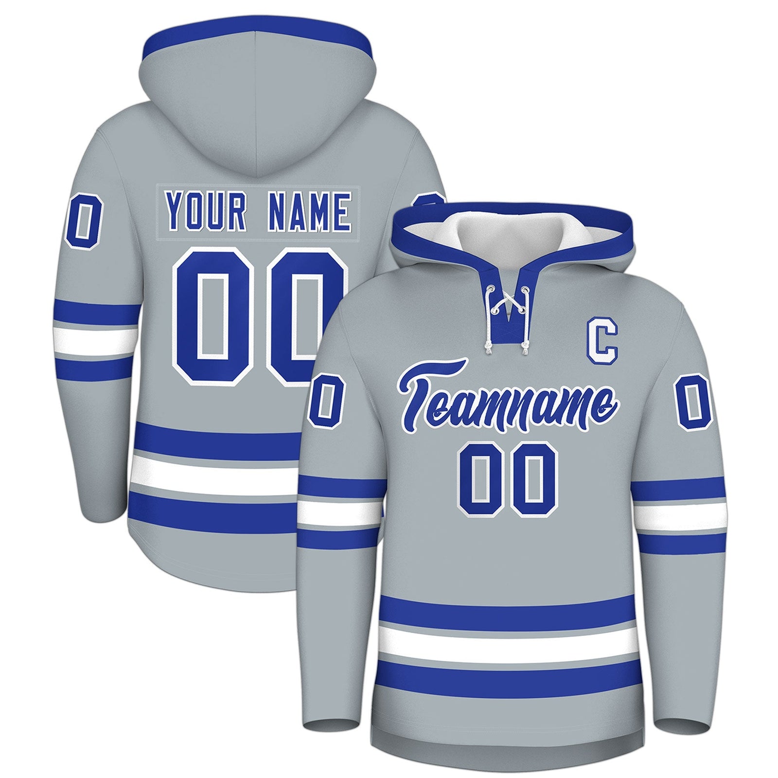 Custom Hockey Hoodie Jersey Silver Royal Blue Classic Style Add Name,Number & Logo