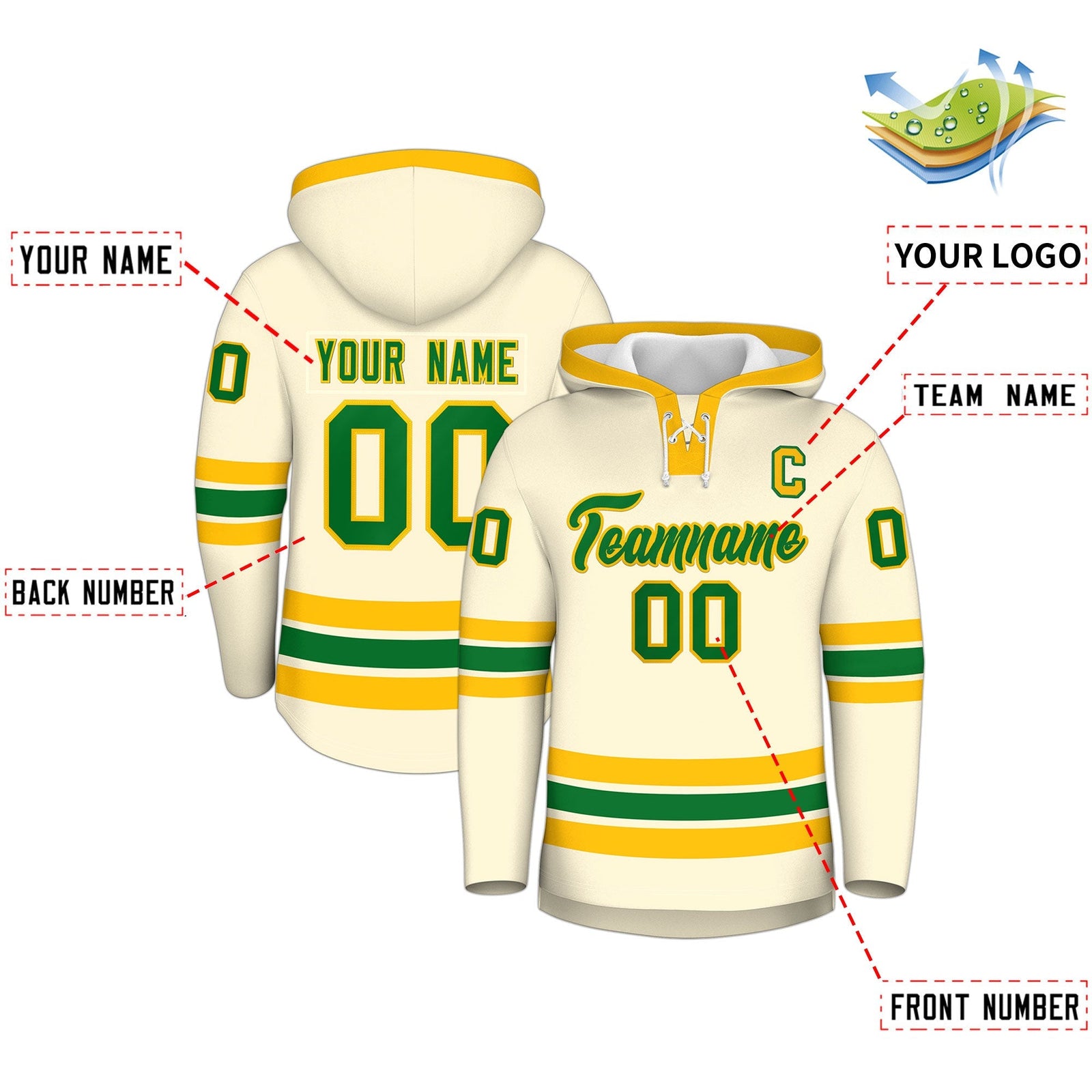 Custom Hockey Hoodie Jersey Cream Kelly Green Classic Style Add Name,Number & Logo