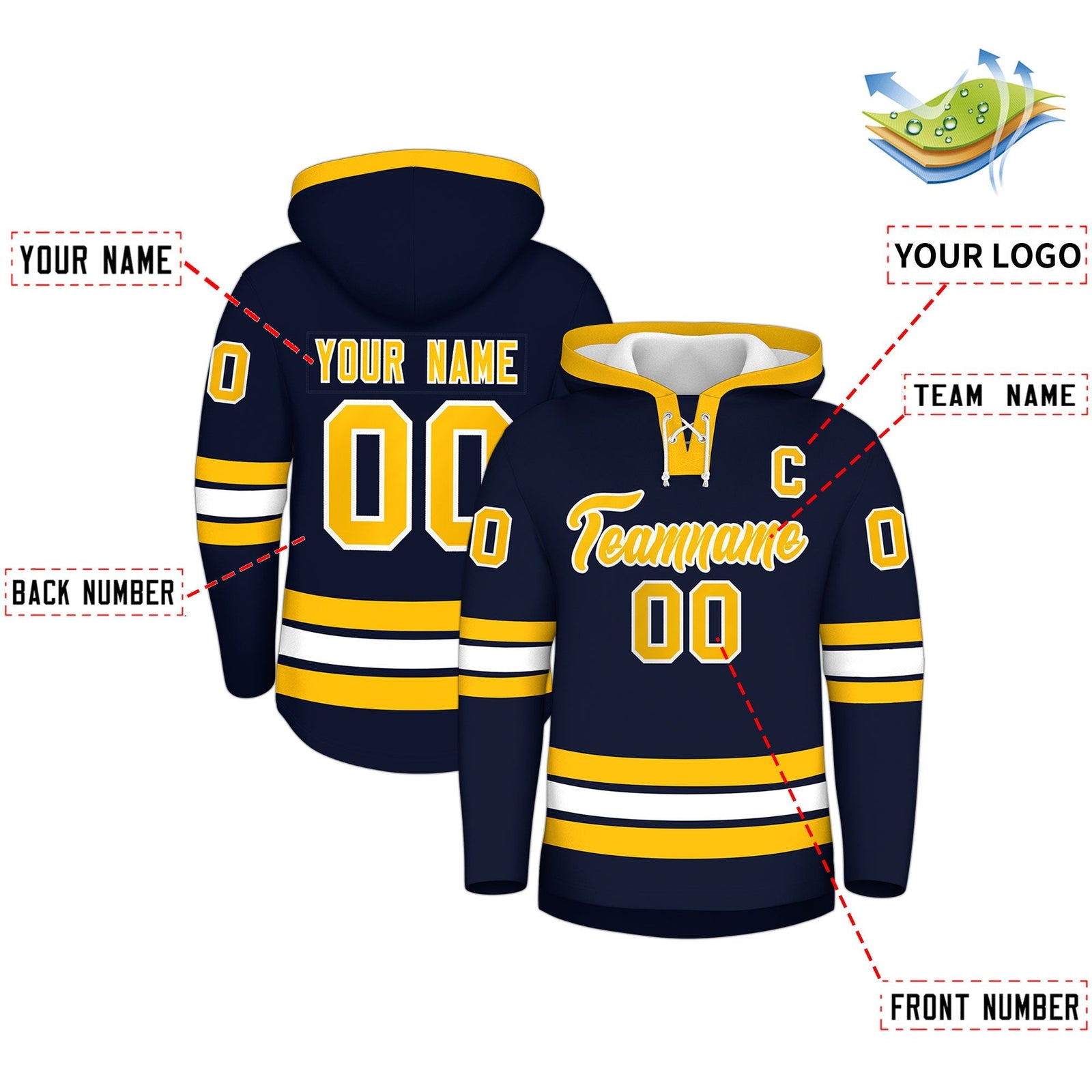 Custom Hockey Hoodie Jersey Navy White Classic Style Add Name,Number & Logo