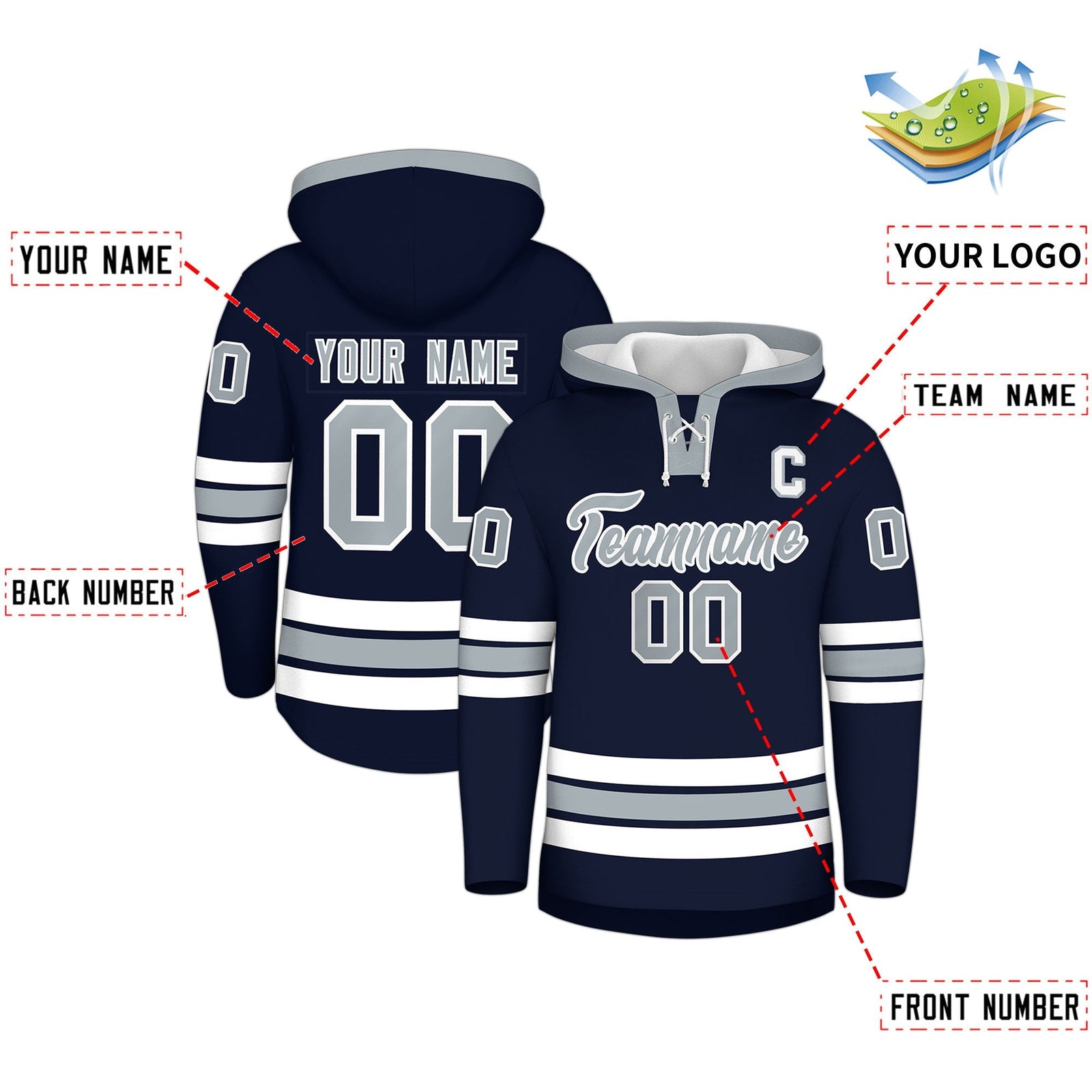 Custom Hockey Hoodie Jersey Navy Silver Classic Style Add Name,Number & Logo