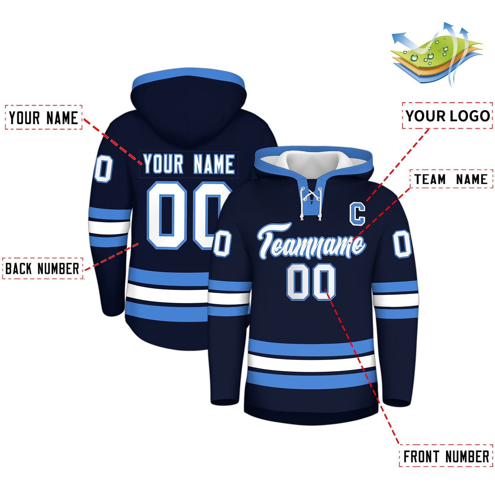 Custom Hockey Hoodie Jersey Navy Powder Blue Classic Style for Men&Youth