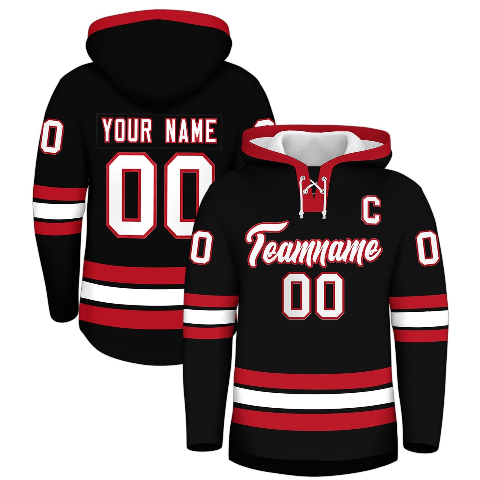 Custom Hockey Hoodie Jersey Black Red Classic Style Add Name,Number & Logo
