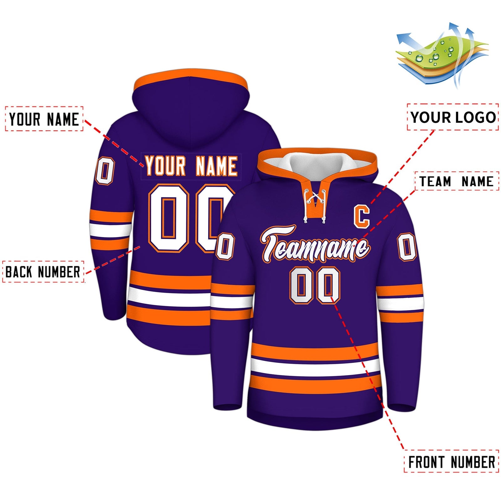 Custom Hockey Hoodie Jersey Purple Orange Classic Style Add Name,Number & Logo
