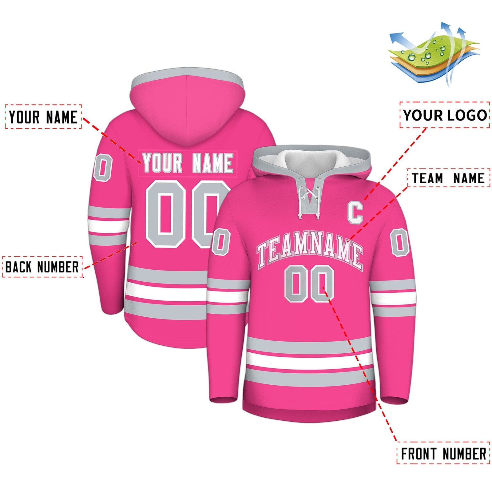 Custom Hockey Hoodie Jersey Pink Silver Classic Style Add Name,Number & Logo