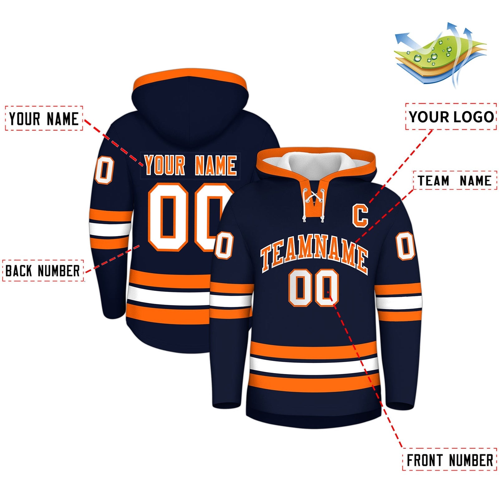 Custom Hockey Hoodie Jersey Navy Orange Classic Style for Men&Youth