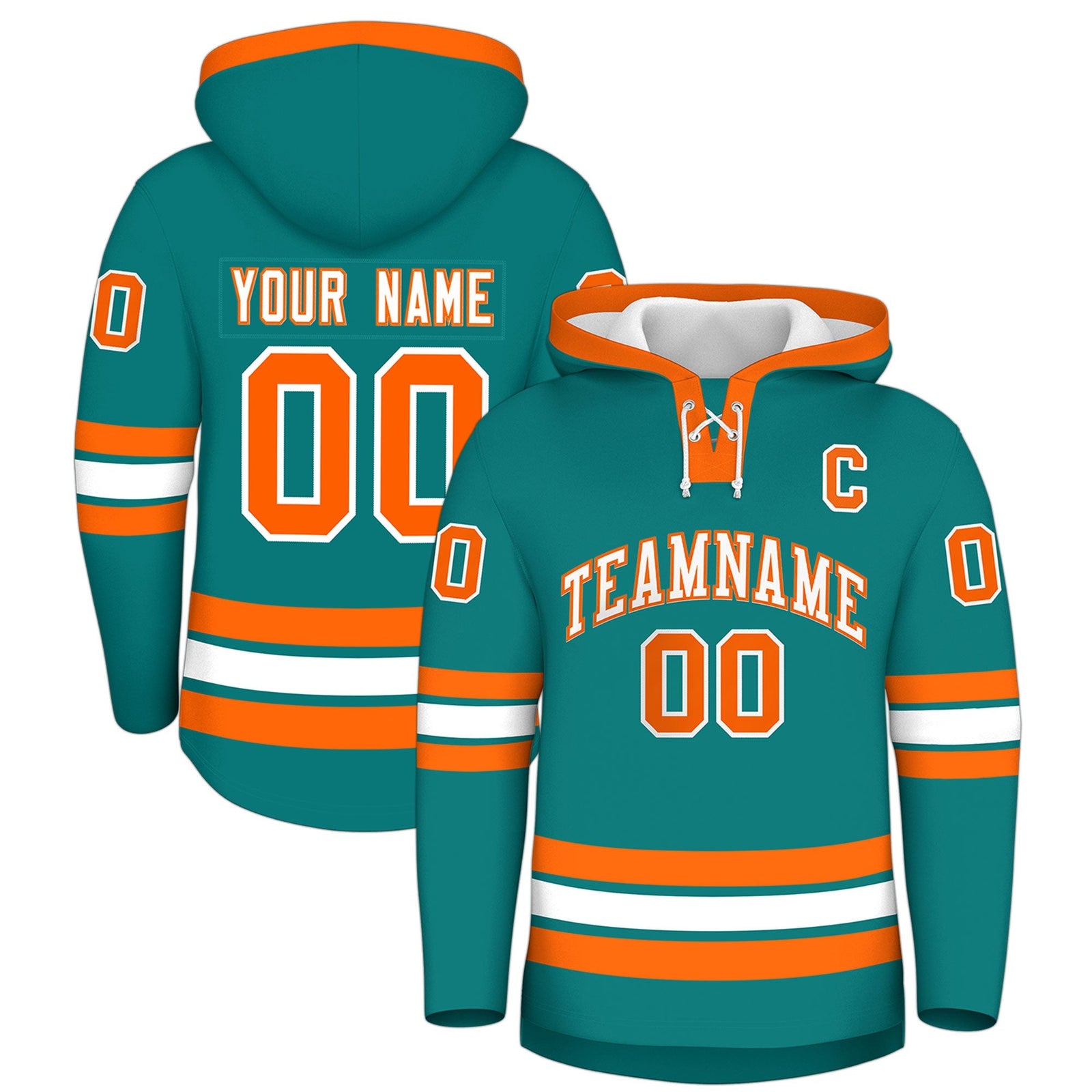 Custom Hockey Hoodie Jersey Teal Orange Classic Style Add Name,Number & Logo