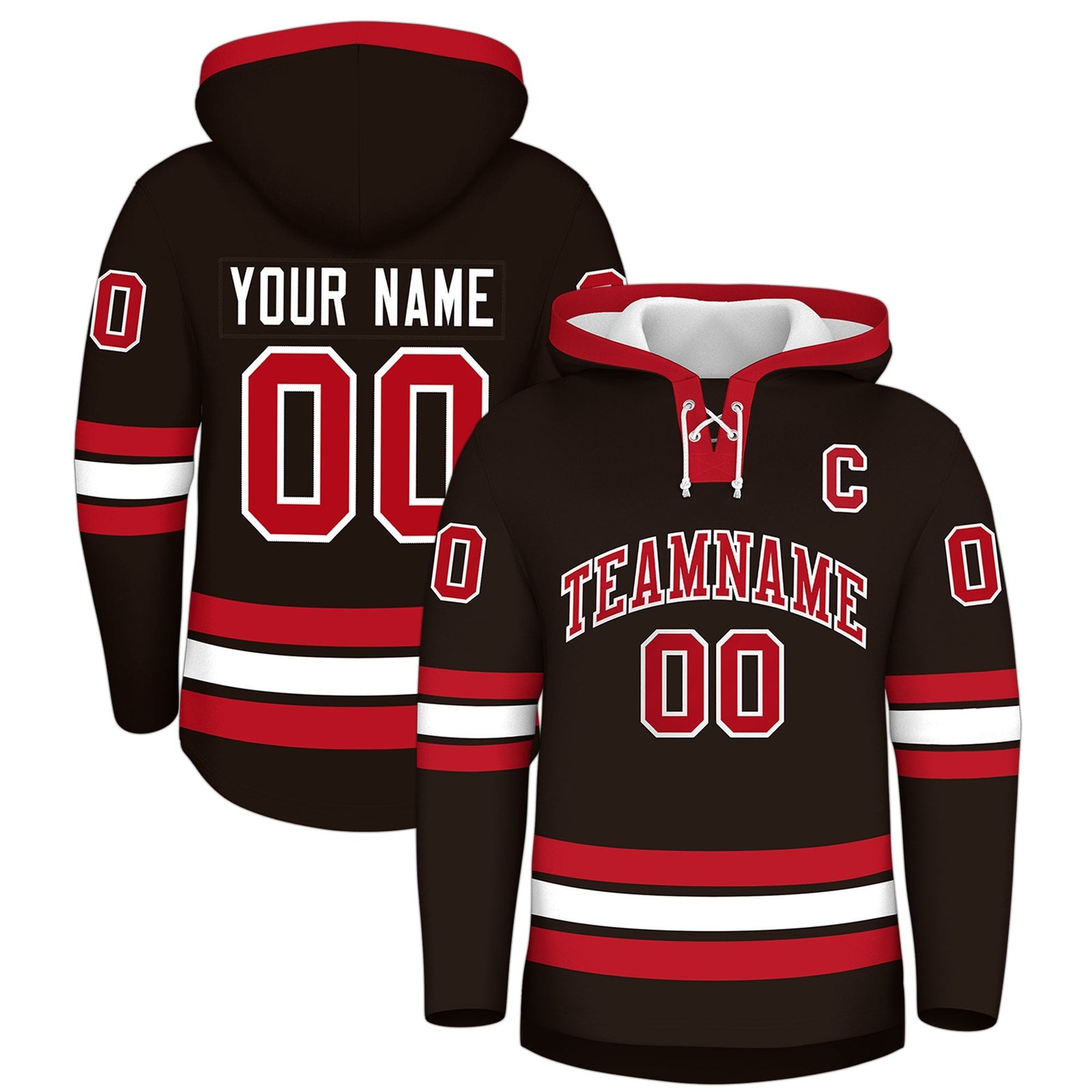 Custom Hockey Hoodie Jersey Brown Red Classic Style Add Name,Number & Logo