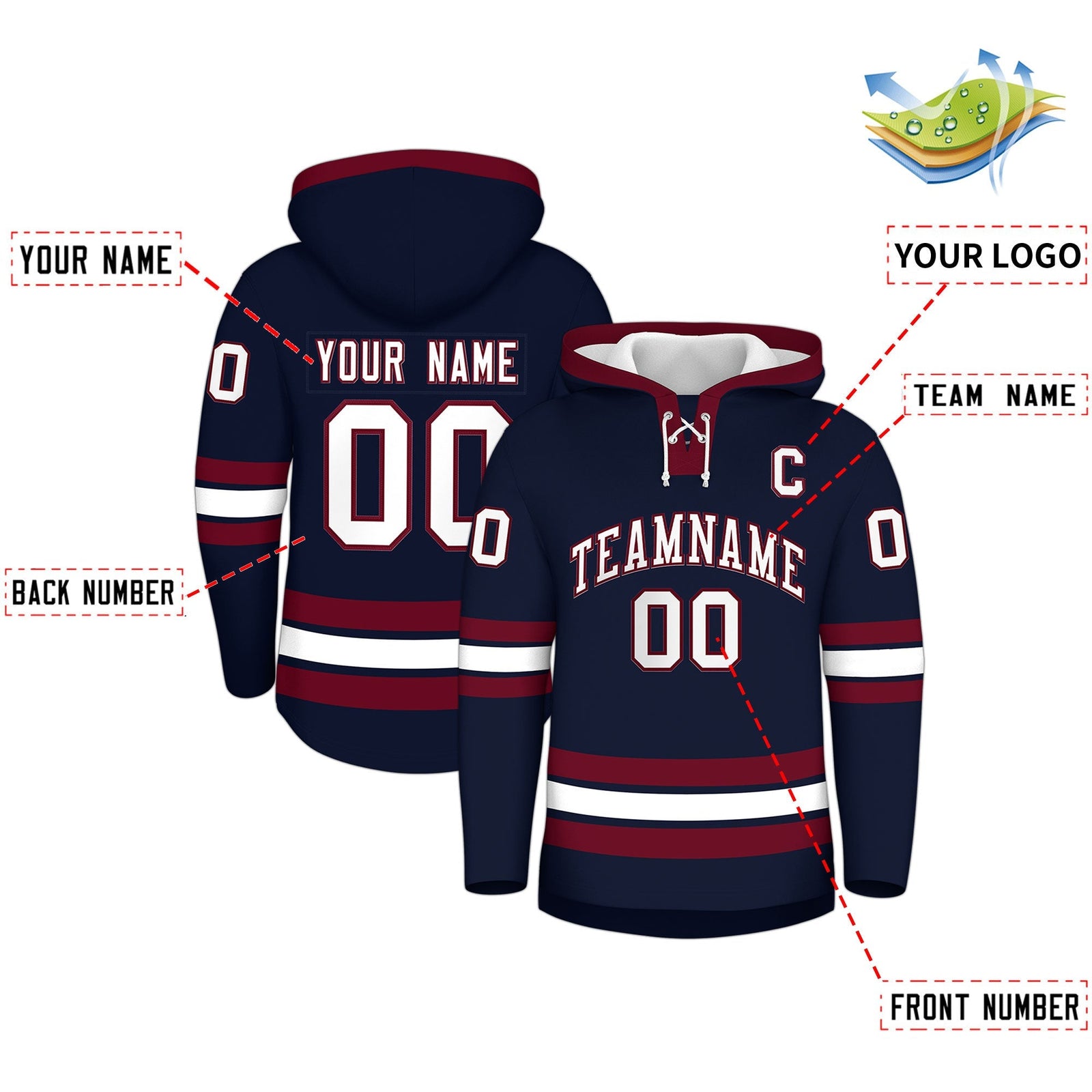 Custom Hockey Hoodie Jersey Navy Crimson Classic Style Add Name,Number & Logo