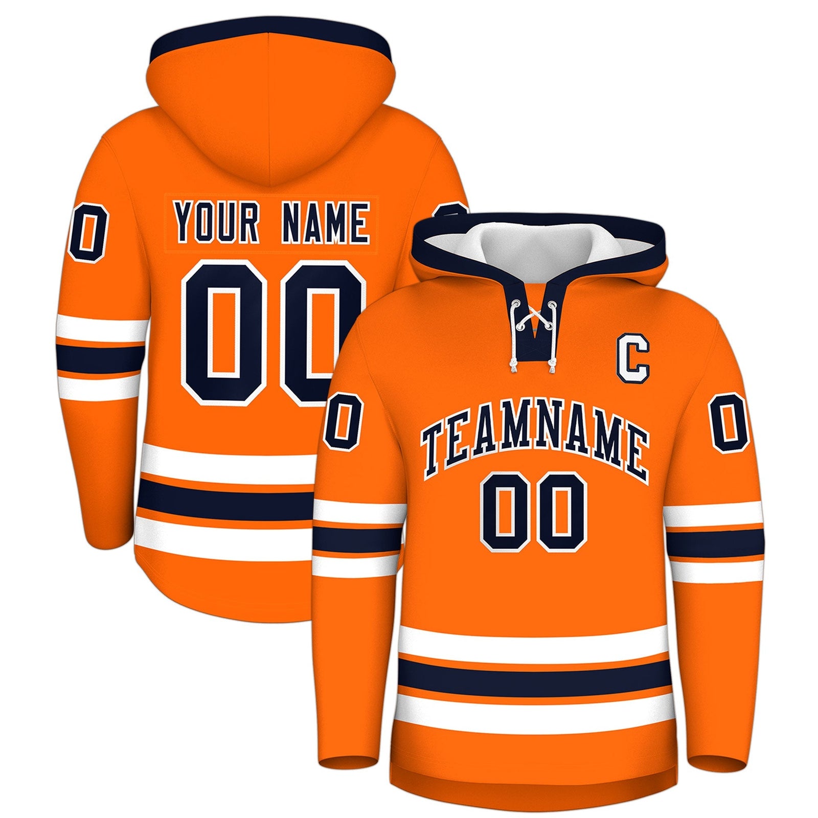 Custom Hockey Hoodie Jersey Orange Navy Classic Style Add Name,Number & Logo