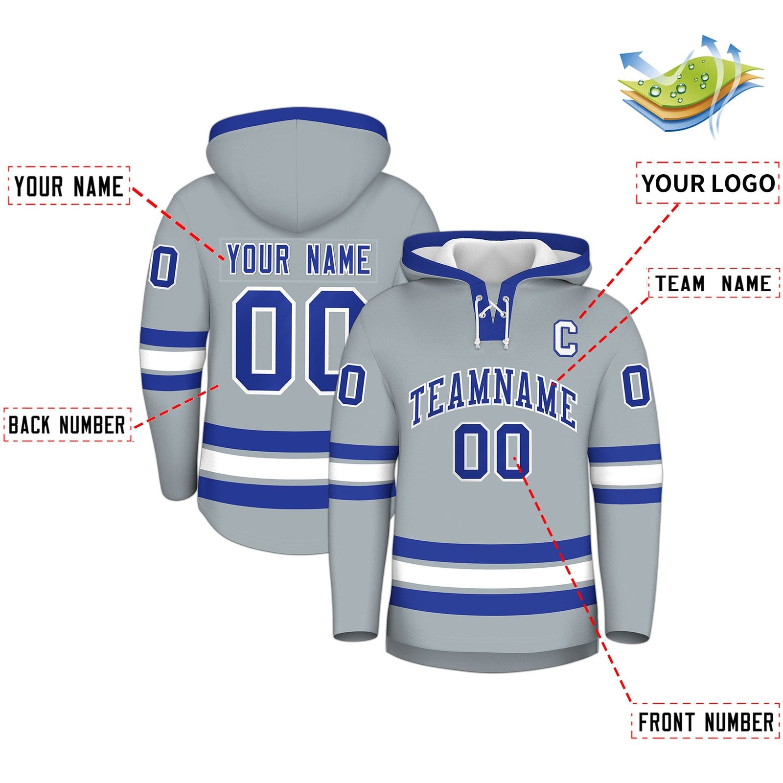 Custom Hockey Hoodie Jersey Silver Royal Blue Classic Style Add Name,Number & Logo