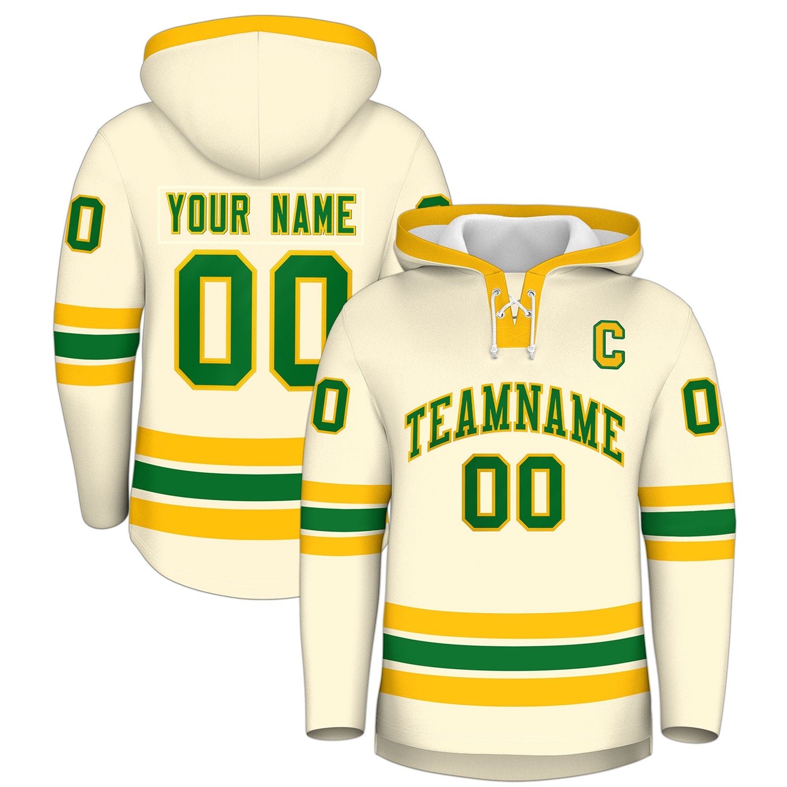 Custom Hockey Hoodie Jersey Cream Kelly Green Classic Style Add Name,Number & Logo
