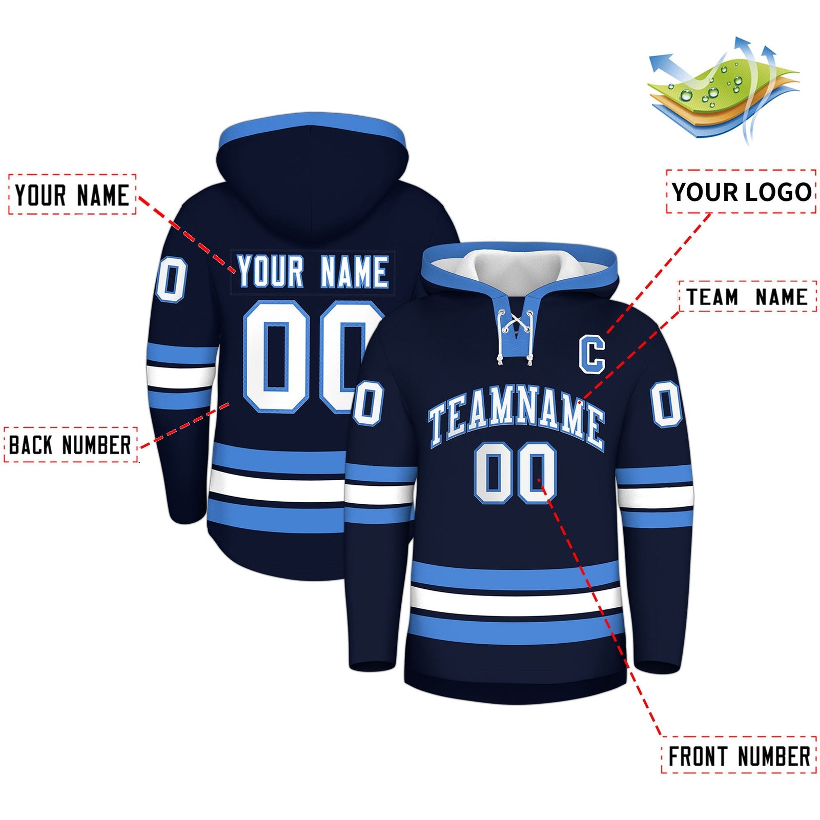 Custom Hockey Hoodie Jersey Navy Powder Blue Classic Style for Men&Youth