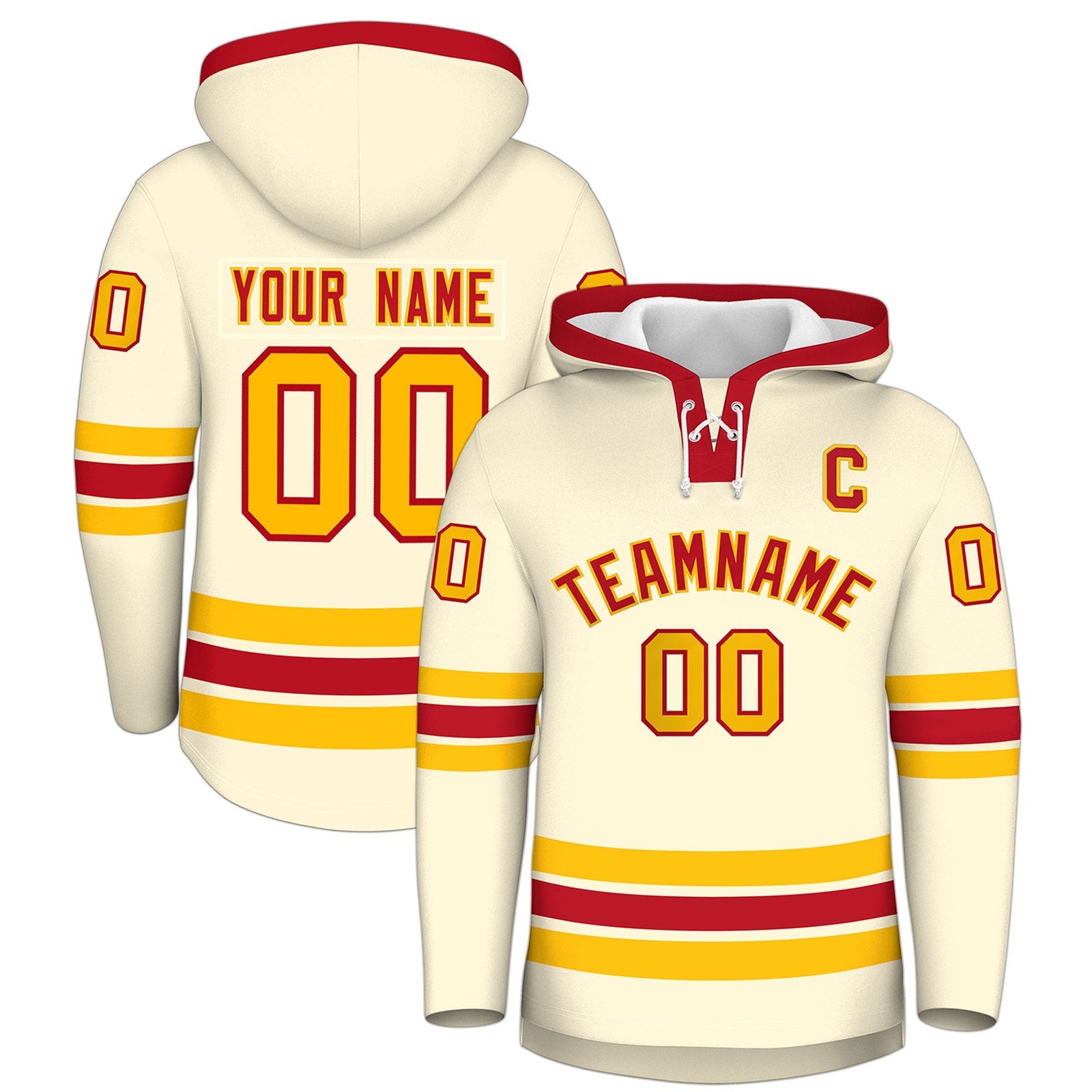Custom Hockey Hoodie Jersey Cream Red Classic Style Add Name,Number & Logo
