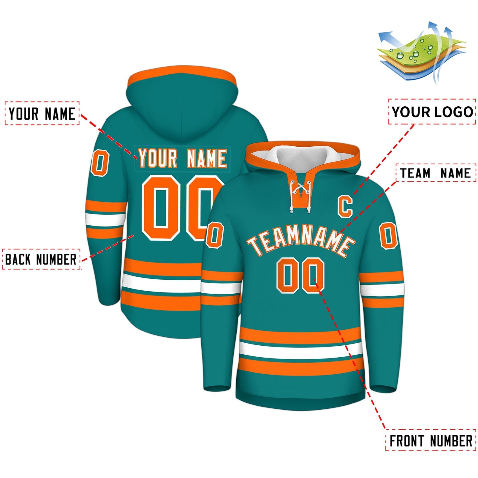 Custom Hockey Hoodie Jersey Teal Orange Classic Style Add Name,Number & Logo