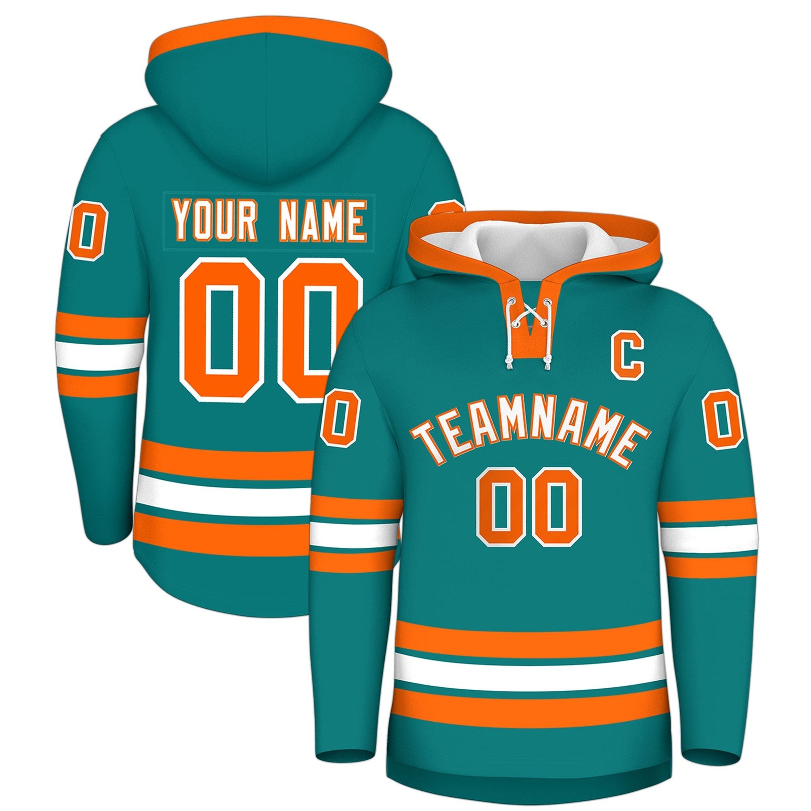 Custom Hockey Hoodie Jersey Teal Orange Classic Style Add Name,Number & Logo