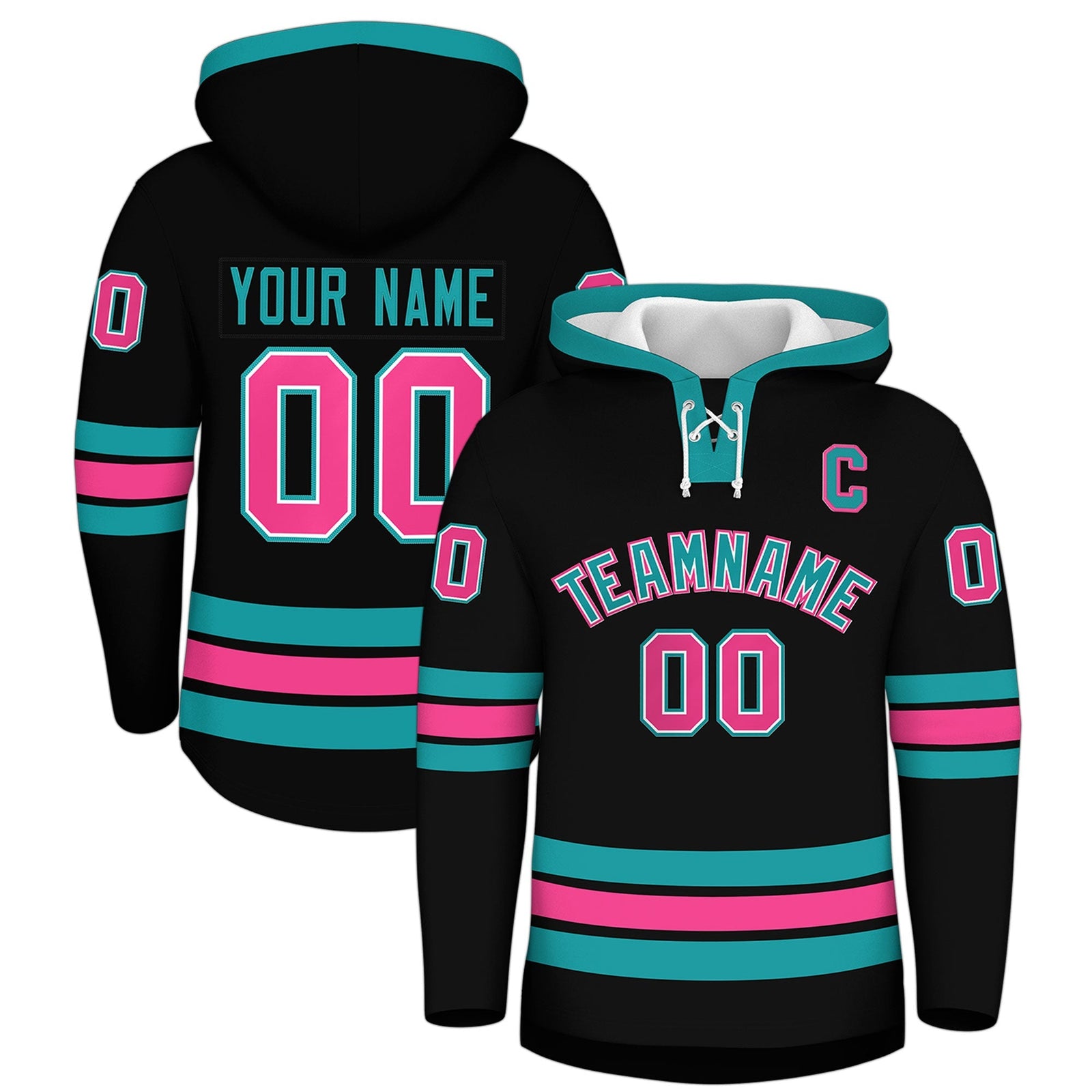 Custom Hockey Hoodie Jersey Black Aqua Classic Style Add Name,Number & Logo