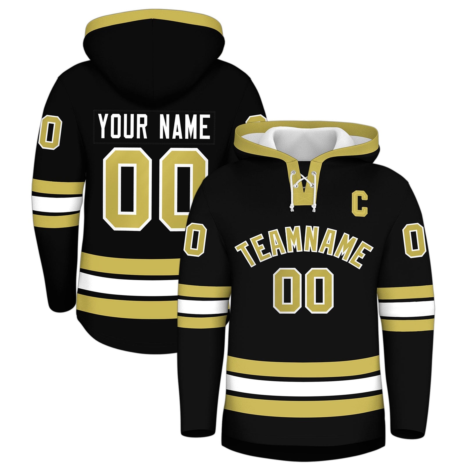 Custom Hockey Hoodie Jersey Black Old Gold Classic Style for Men&Youth