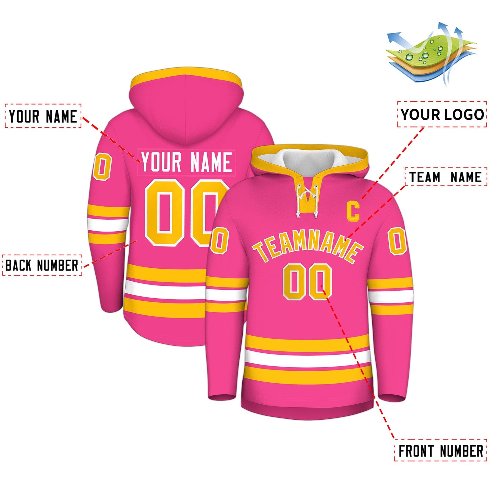 Custom Hockey Hoodie Jersey Pink Gold Classic Style Add Name,Number & Logo