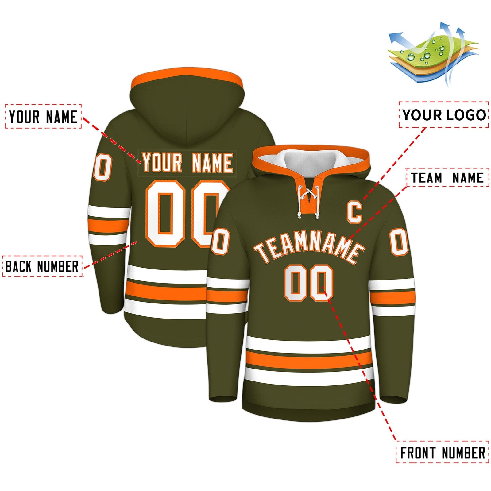 Custom Hockey Hoodie Jersey Olive Orange Classic Style for Men&Youth