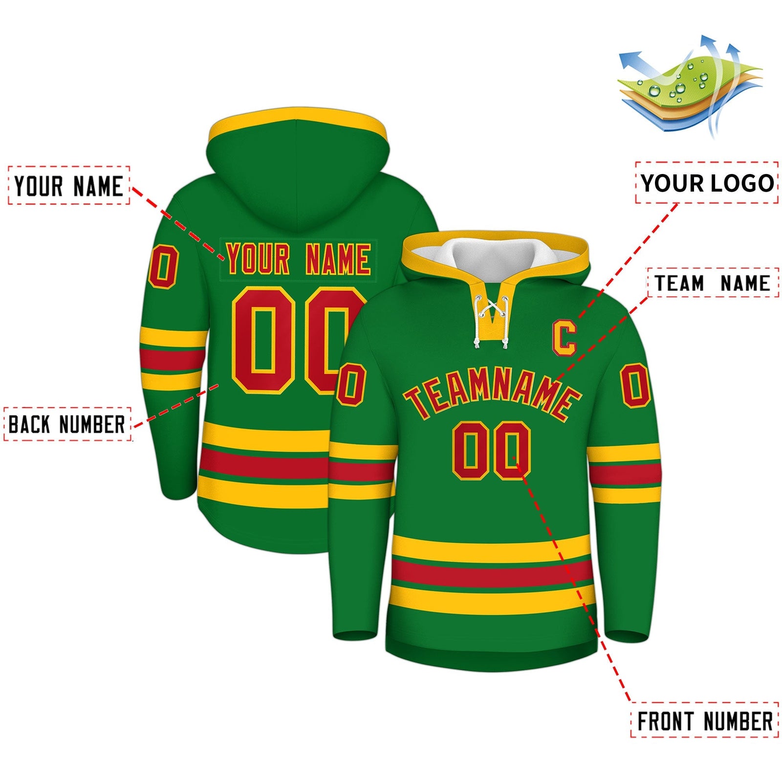 Custom Hockey Hoodie Jersey Kelly Green Red Classic Style Add Name,Number & Logo