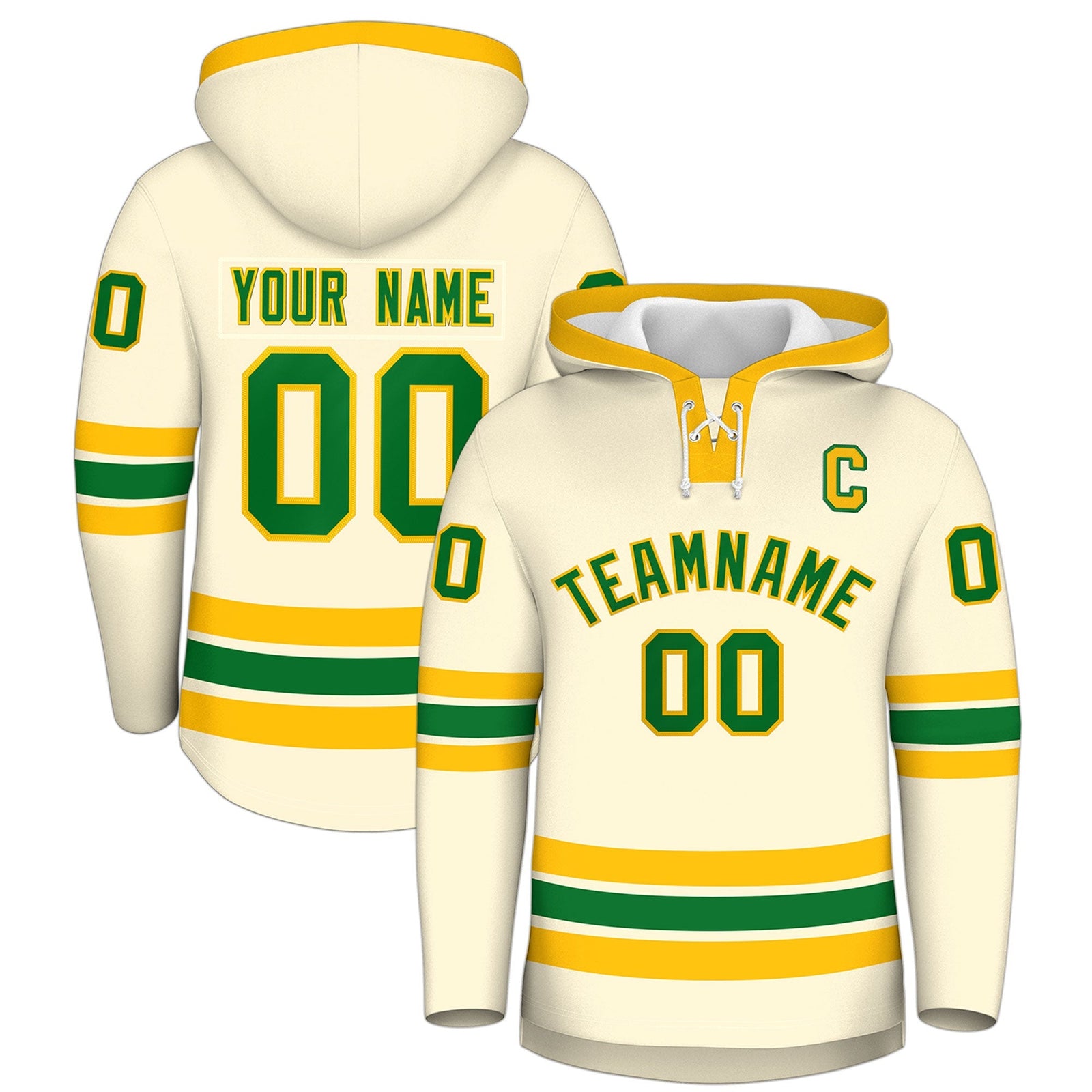 Custom Hockey Hoodie Jersey Cream Kelly Green Classic Style Add Name,Number & Logo