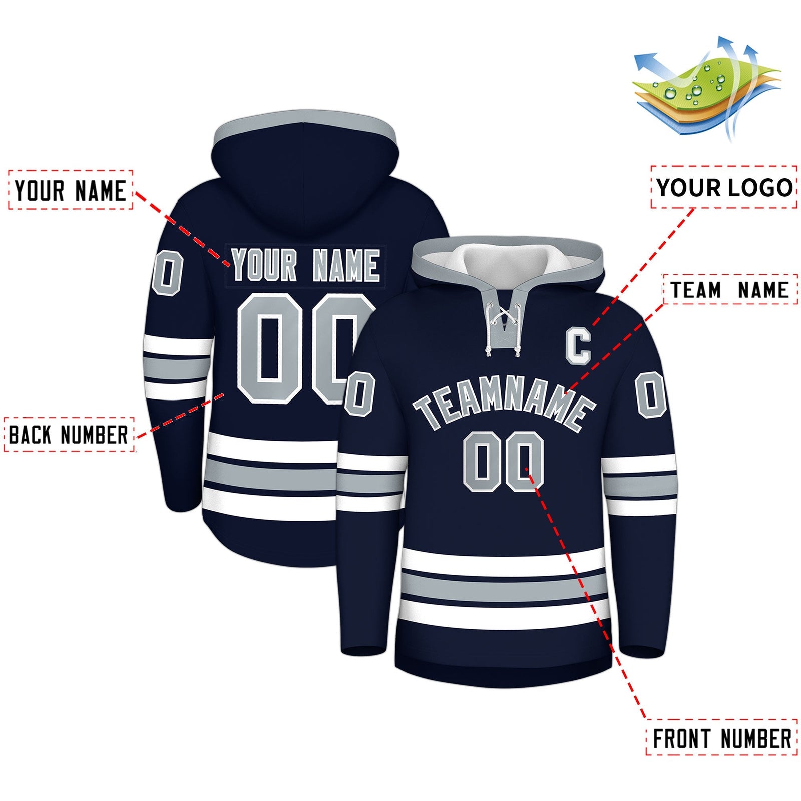 Custom Hockey Hoodie Jersey Navy Silver Classic Style Add Name,Number & Logo
