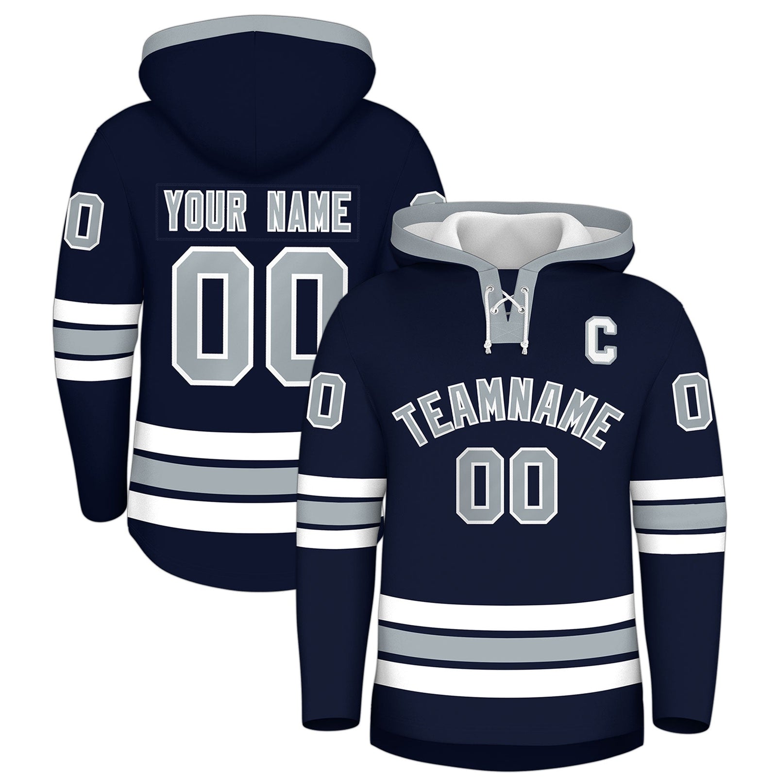 Custom Hockey Hoodie Jersey Navy Silver Classic Style Add Name,Number & Logo