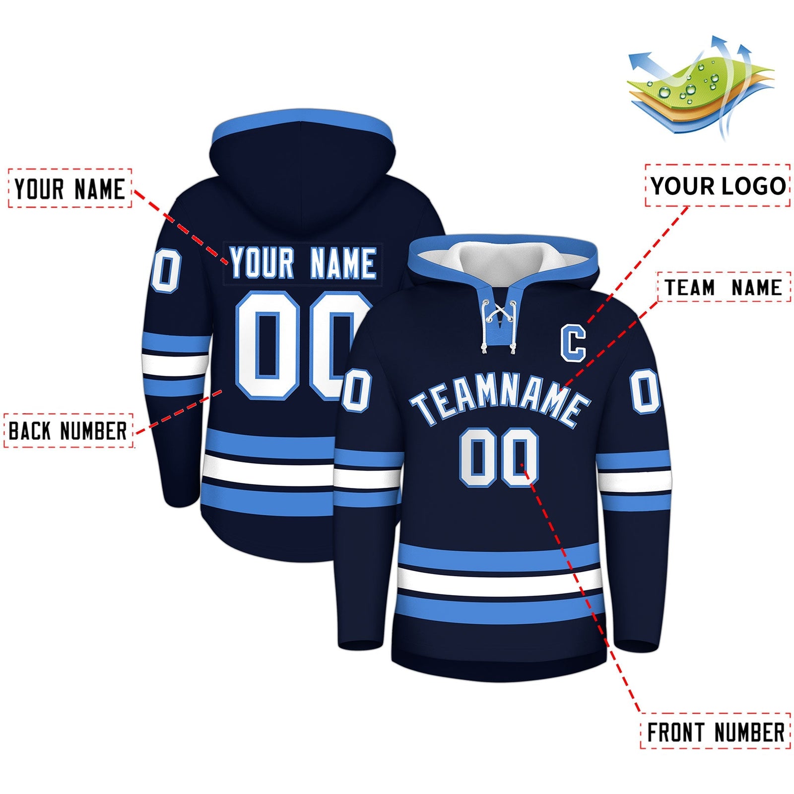 Custom Hockey Hoodie Jersey Navy Powder Blue Classic Style for Men&Youth
