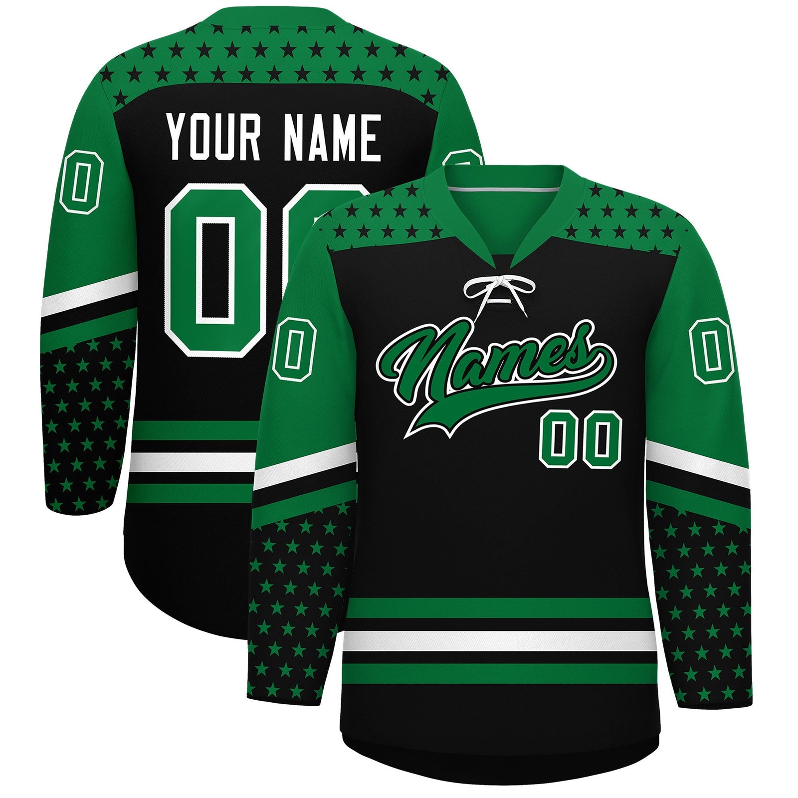 Custom Black Kelly Green White Star Series Personalization Lace-Up Neck Hockey Jersey| KXKSHOP