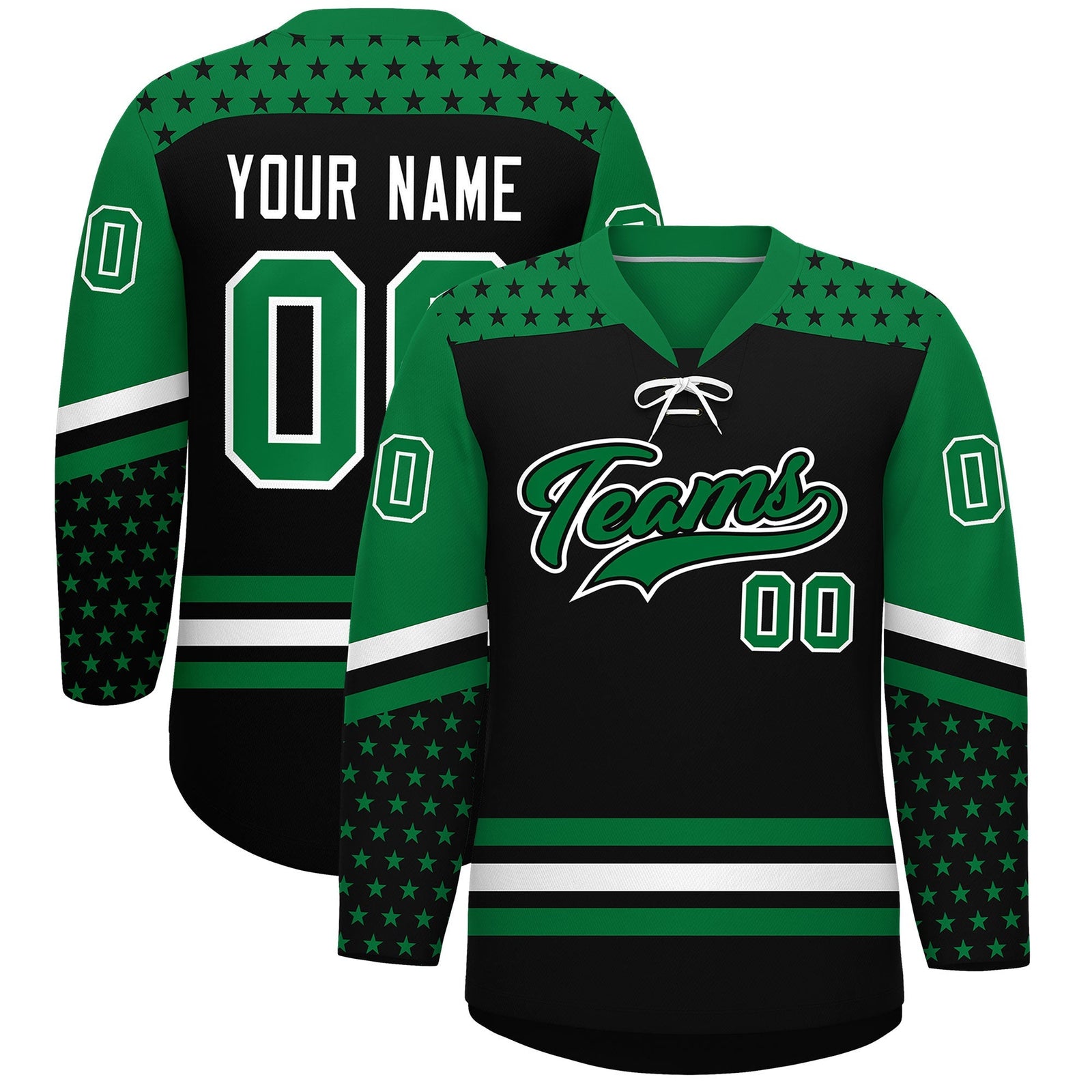 Custom Black Kelly Green White Star Series Personalization Lace-Up Neck Hockey Jersey| KXKSHOP