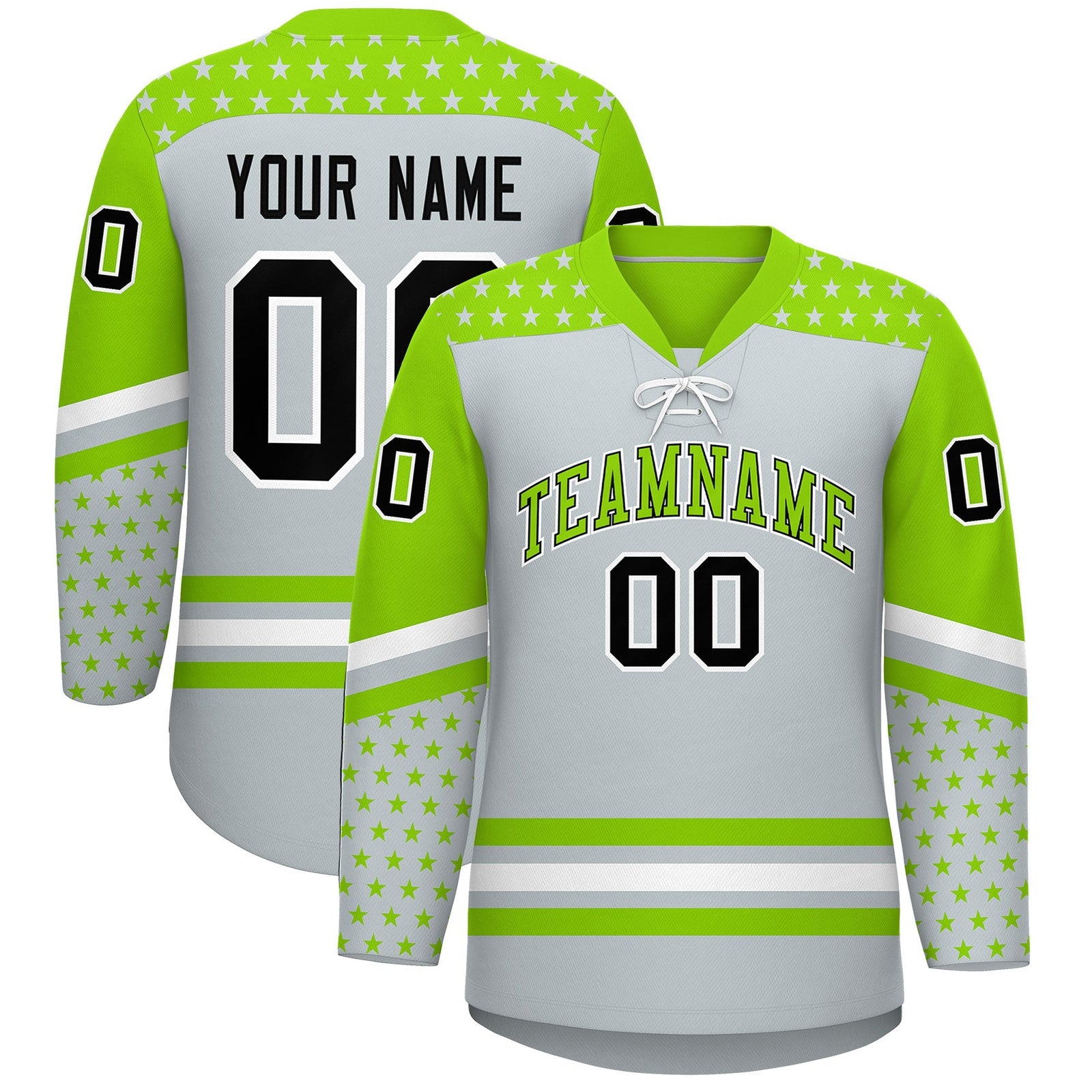 Custom Silver Neon Green White Star Series Personalization Lace-Up Neck Hockey Jersey| KXKSHOP