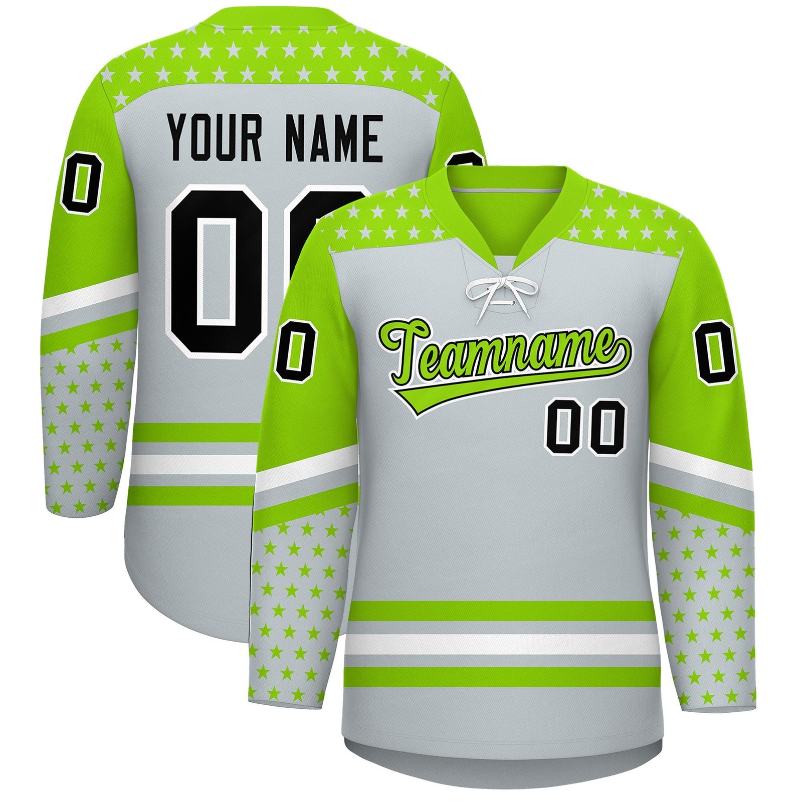 Custom Silver Neon Green White Star Series Personalization Lace-Up Neck Hockey Jersey| KXKSHOP