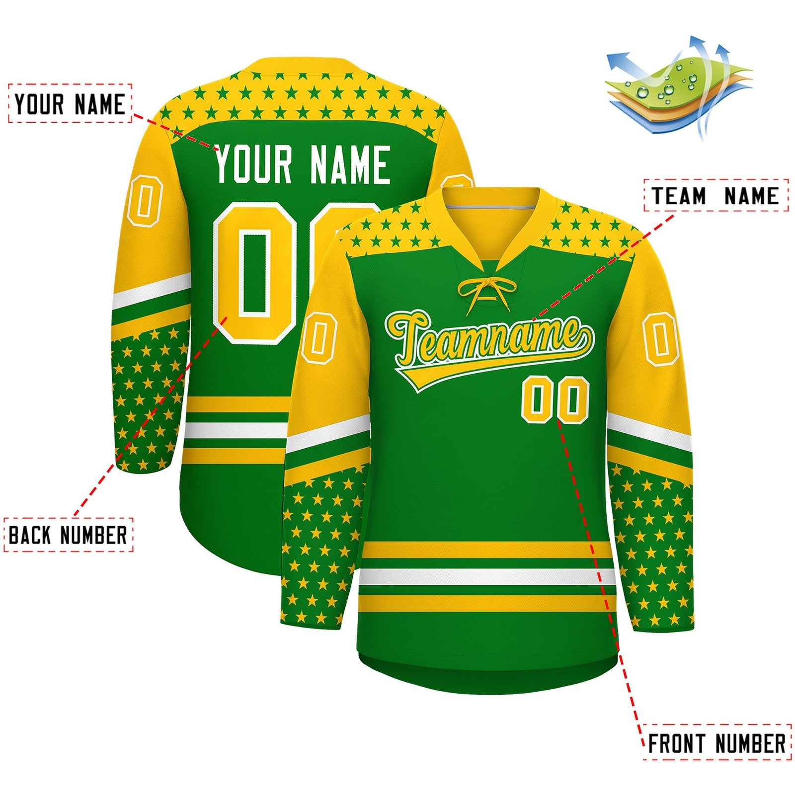 Custom Kelly Green Gold White Star Series Personalization Lace-Up Neck Hockey Jersey| KXKSHOP