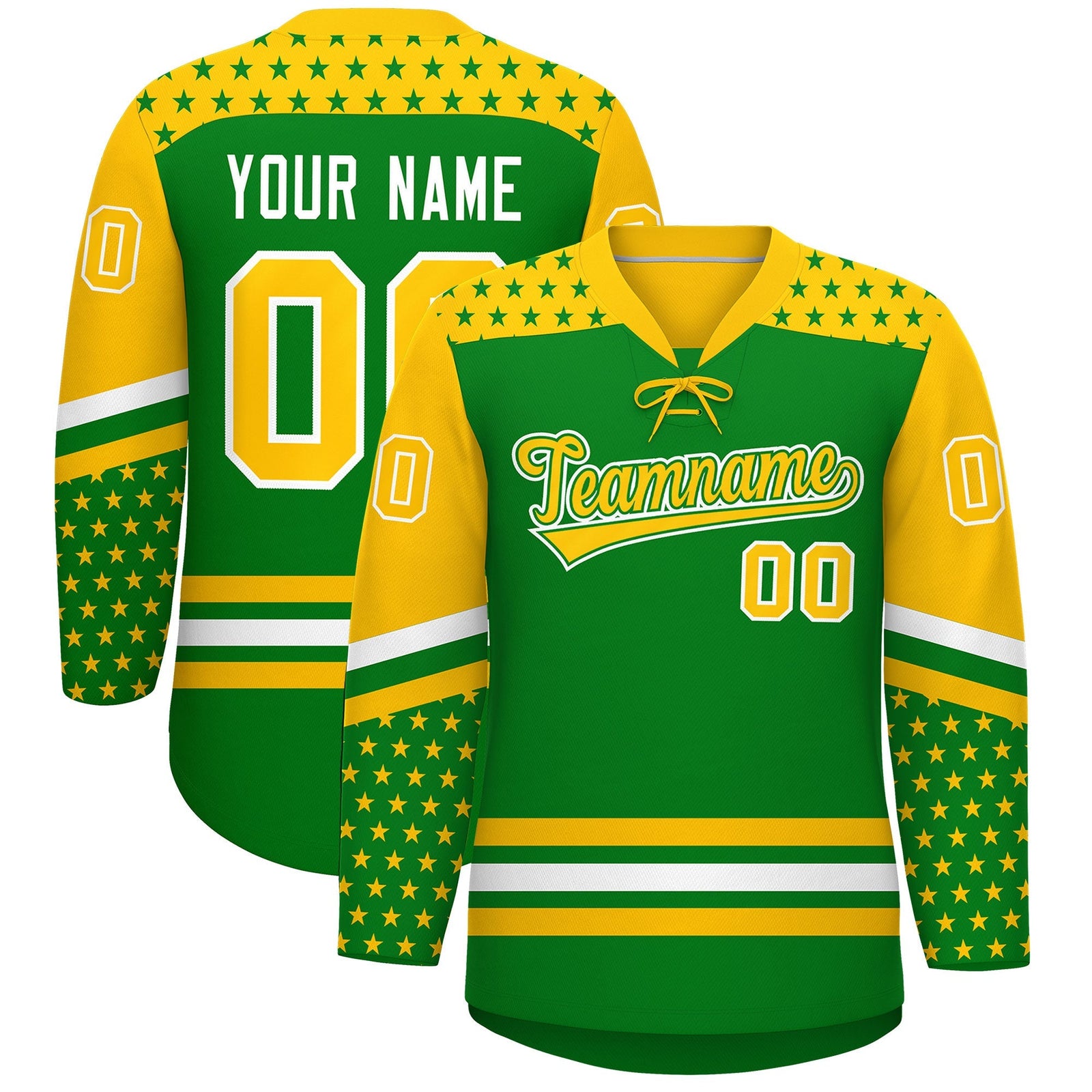 Custom Kelly Green Gold White Star Series Personalization Lace-Up Neck Hockey Jersey| KXKSHOP