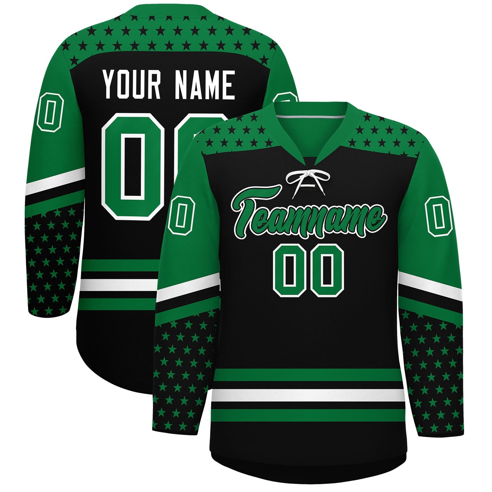 Custom Black Kelly Green White Star Series Personalization Lace-Up Neck Hockey Jersey| KXKSHOP