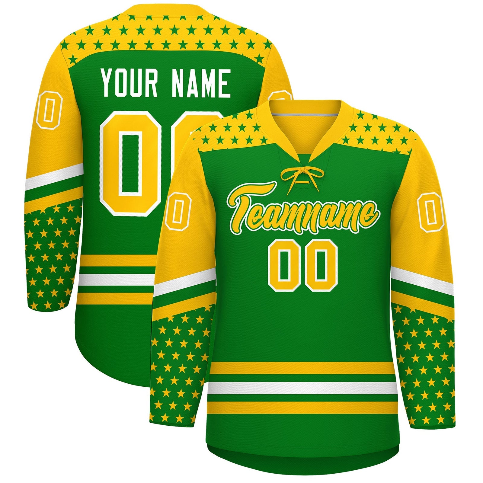 Custom Kelly Green Gold White Star Series Personalization Lace-Up Neck Hockey Jersey| KXKSHOP