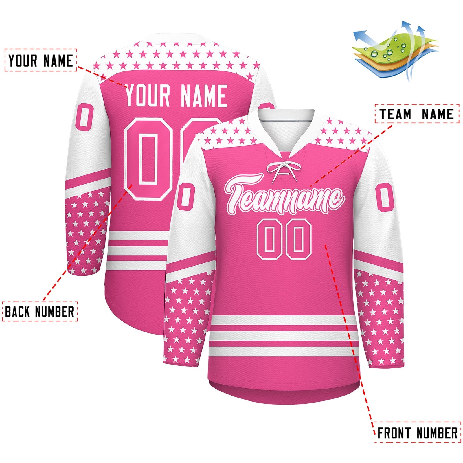 Custom Pink White Star Series Personalization Lace-Up Neck Hockey Jersey| KXKSHOP