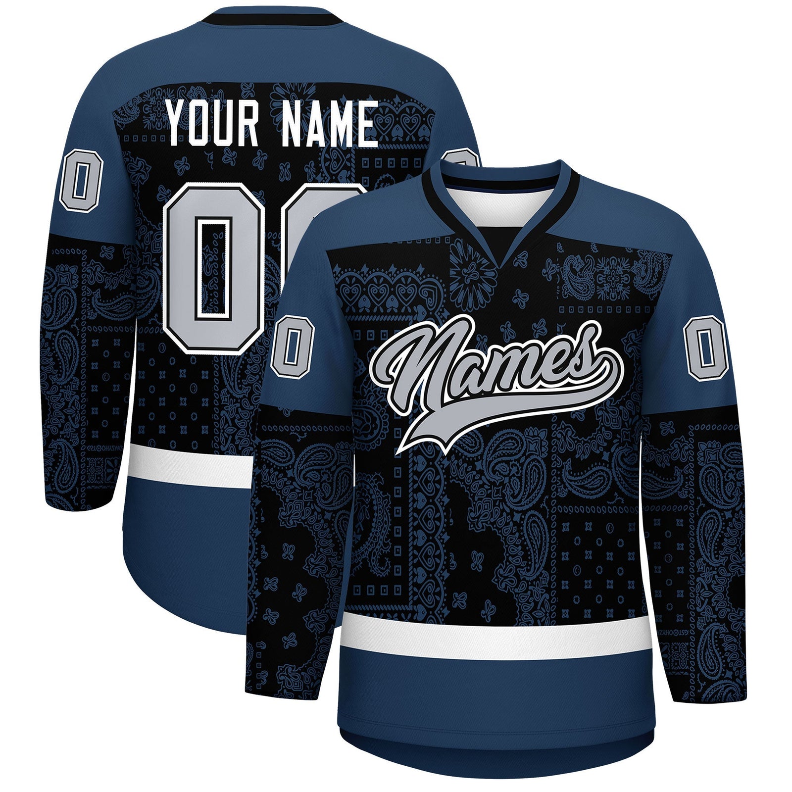 Custom Midnight Blue White Black Cashew Flower Graffiti Pattern V-Neck Hockey Jersey| KXKSHOP